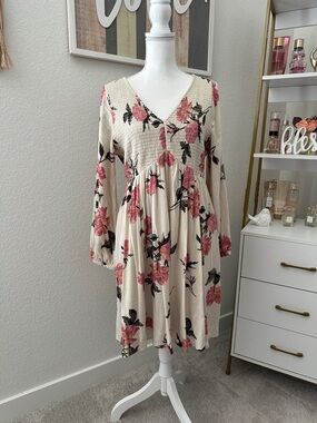 torrid Cream Floral Long-Sleeve V-Neck Smocked Dress with Pink Blooms